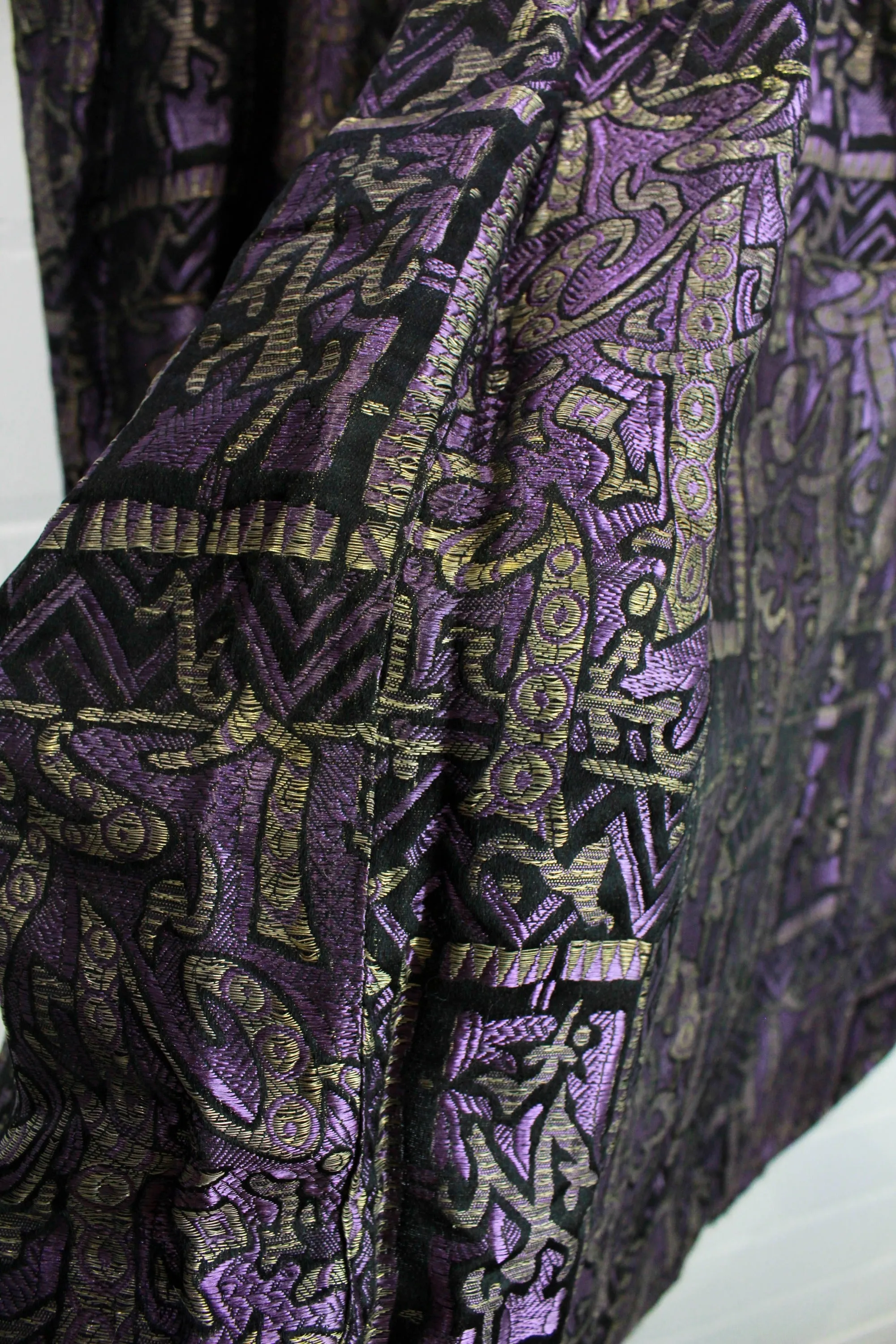 1920s Metallic Lamé Fabric, 1.7 Yards, Antique Skirt Piece, Silk, Art Deco Print in Purple and Gold,