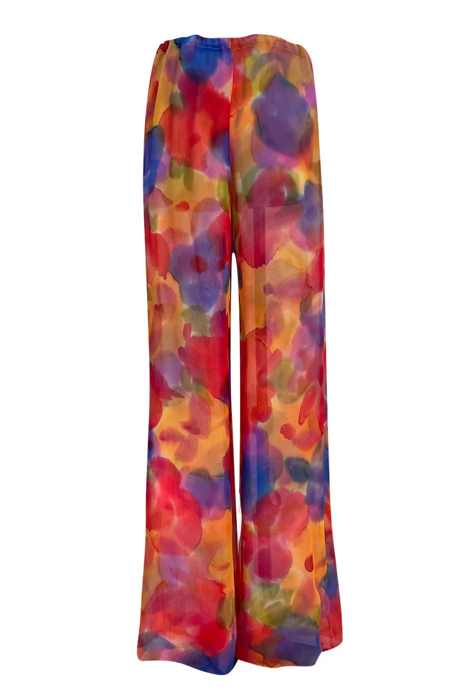 1970s Galanos Couture Silk Chiffon Pant & Over Dress Set w Metallic Lace Detailing