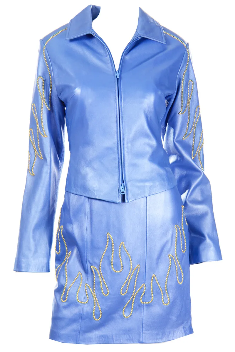 1990s Michael Hoban North Beach Leather Blue Flame Stud Dress & Jacket