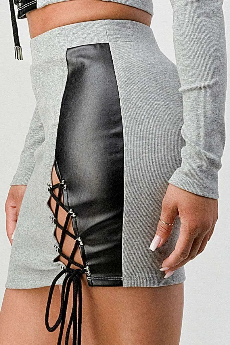 2 Piece Outfit Set Cropped Long Sleeve Shirt and Matching Mini Skirt