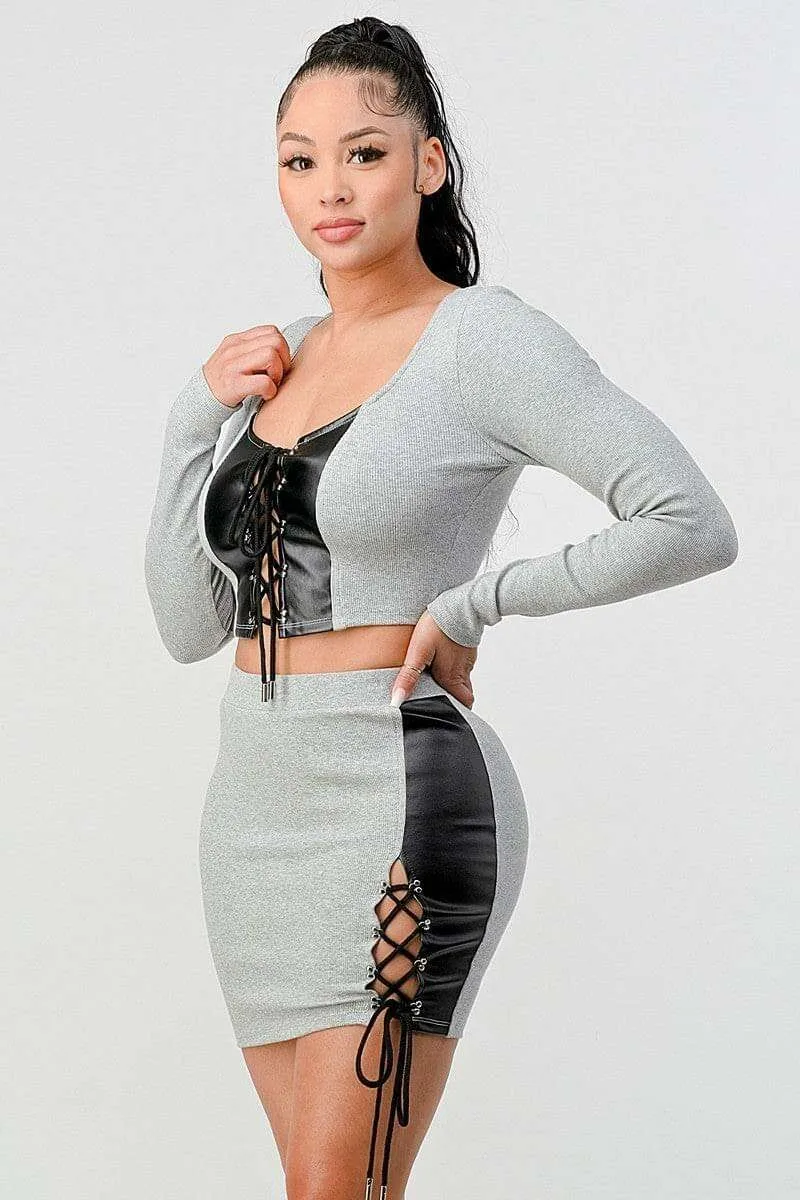 2 Piece Outfit Set Cropped Long Sleeve Shirt and Matching Mini Skirt