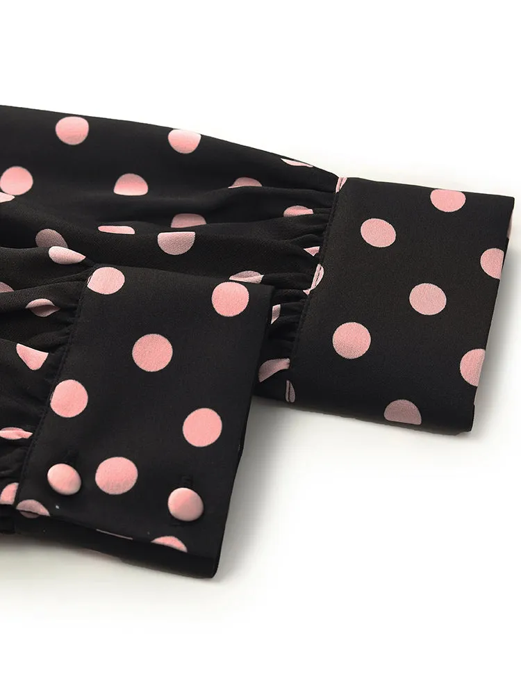 22 Momme Mulberry Silk Patchwork Polka Dots Printed Women Midi Dress