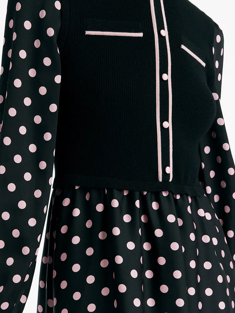 22 Momme Mulberry Silk Patchwork Polka Dots Printed Women Midi Dress