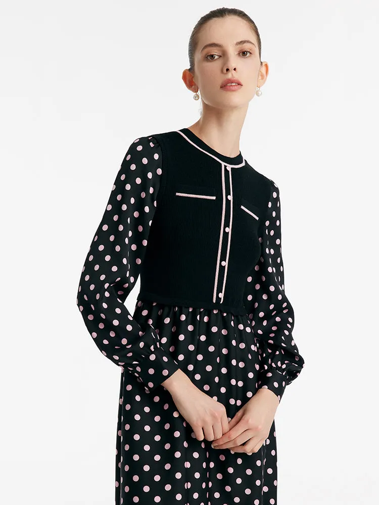 22 Momme Mulberry Silk Patchwork Polka Dots Printed Women Midi Dress