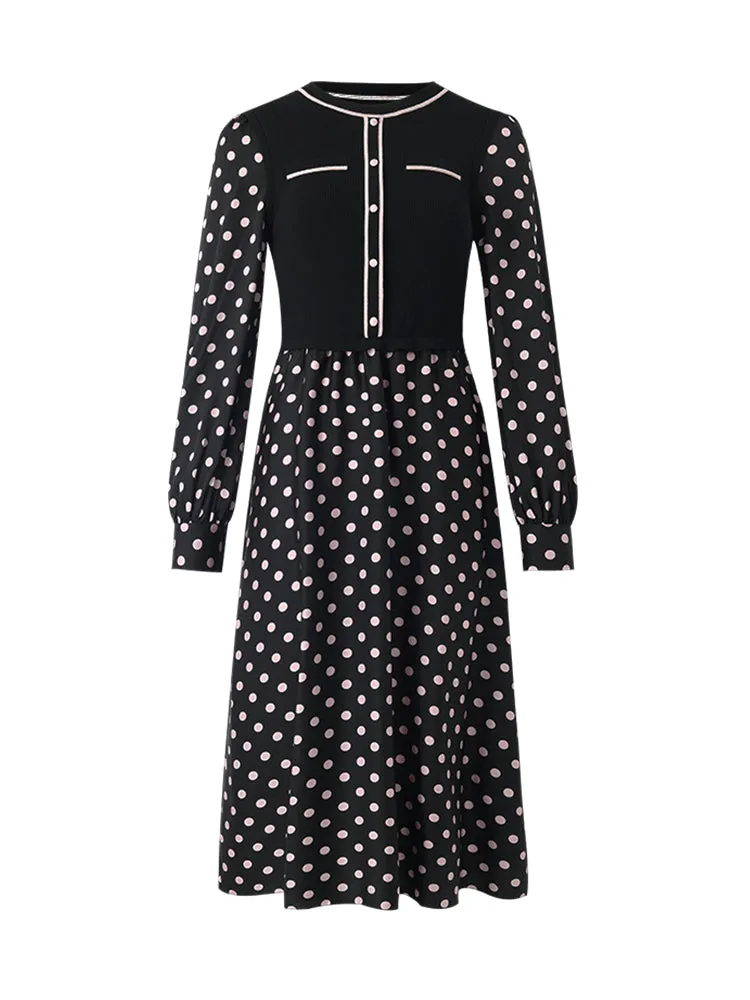 22 Momme Mulberry Silk Patchwork Polka Dots Printed Women Midi Dress