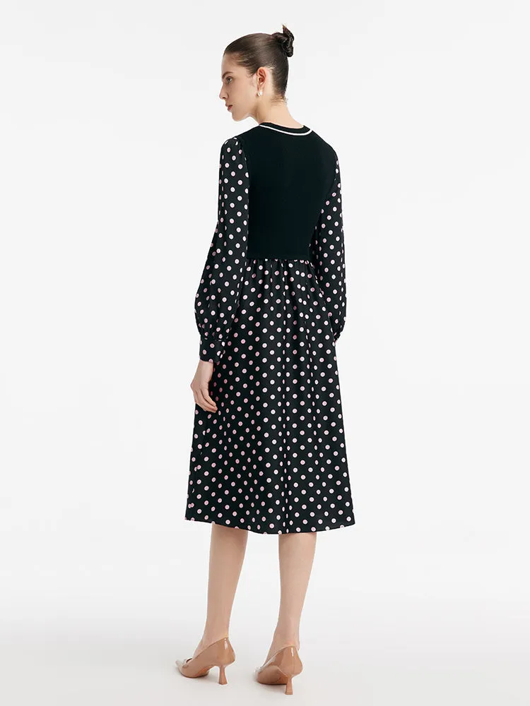 22 Momme Mulberry Silk Patchwork Polka Dots Printed Women Midi Dress