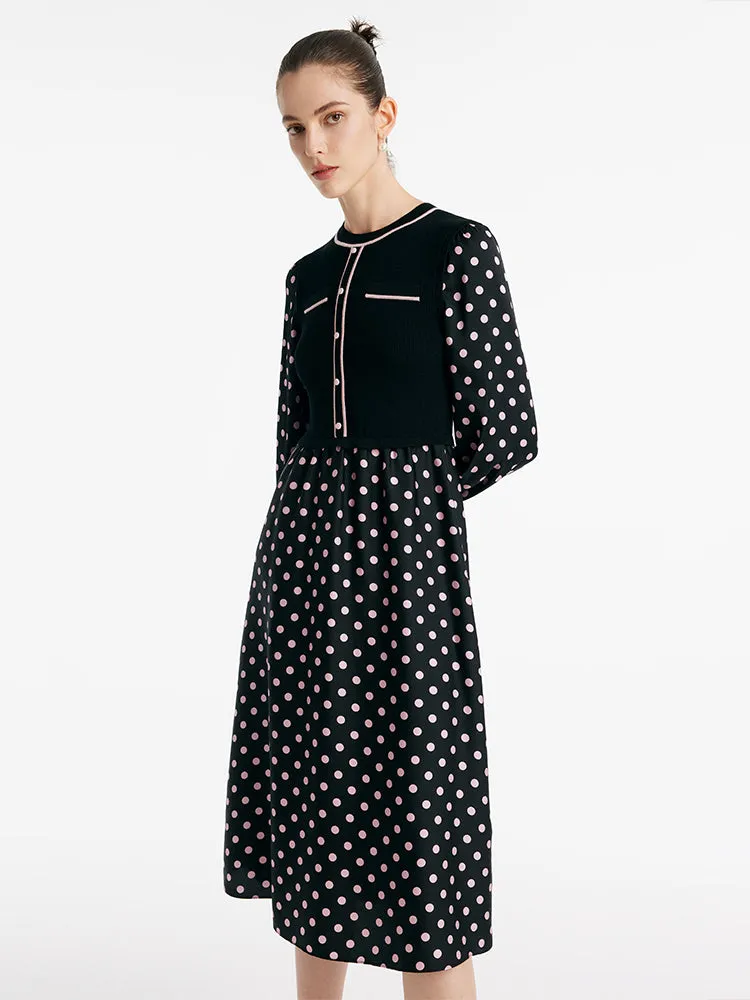 22 Momme Mulberry Silk Patchwork Polka Dots Printed Women Midi Dress