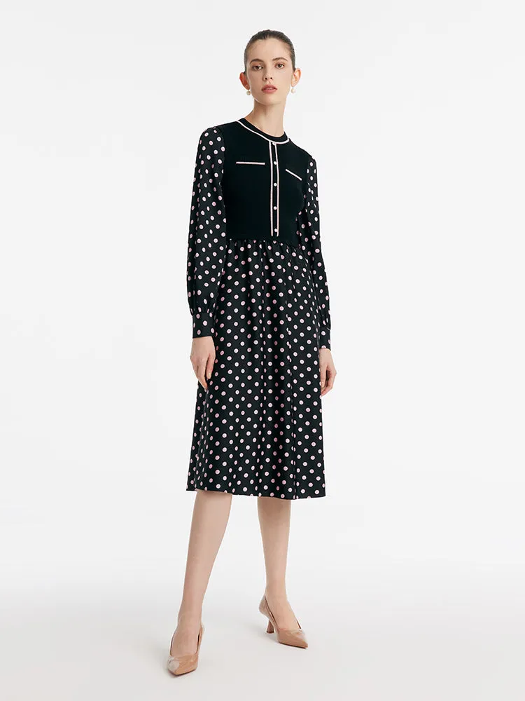 22 Momme Mulberry Silk Patchwork Polka Dots Printed Women Midi Dress