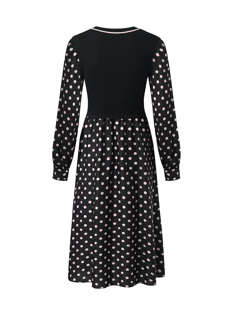 22 Momme Mulberry Silk Patchwork Polka Dots Printed Women Midi Dress
