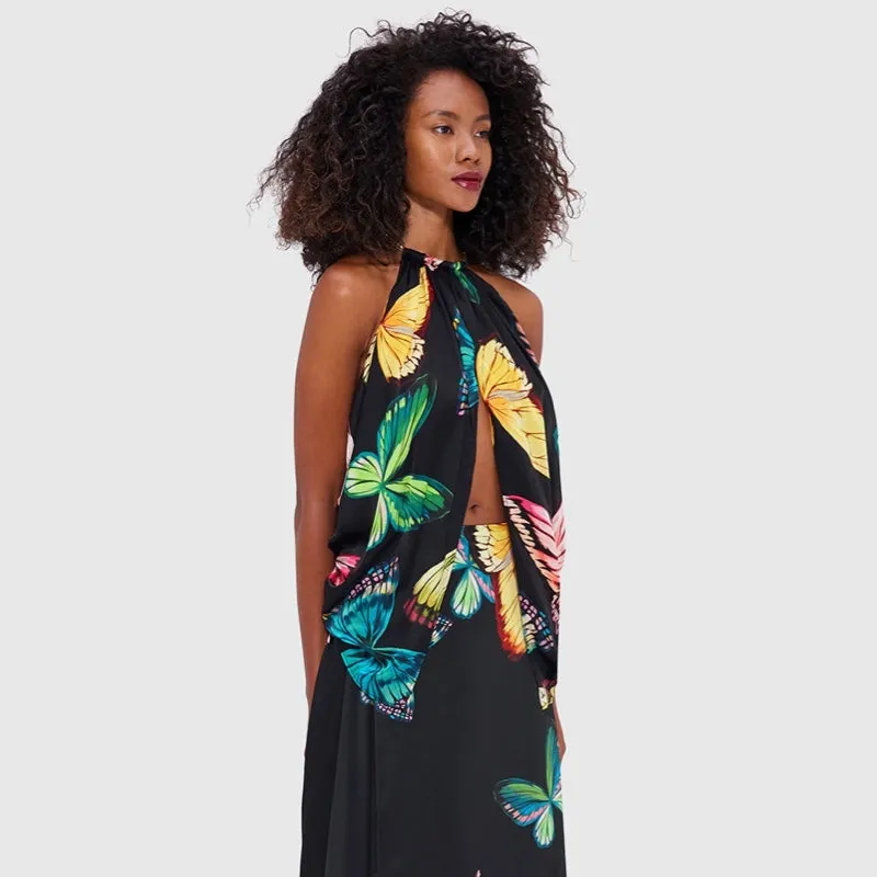 Alyssa Draped Halter Top  & Camila Maxi Skirt (Set) - Papillon Print in Black