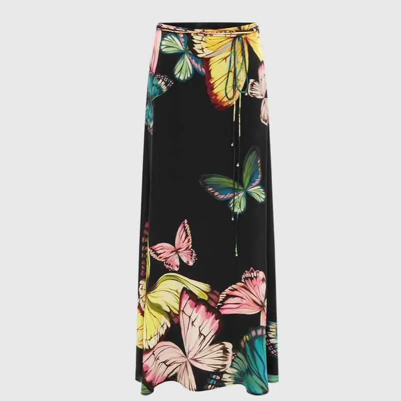 Alyssa Draped Halter Top  & Camila Maxi Skirt (Set) - Papillon Print in Black