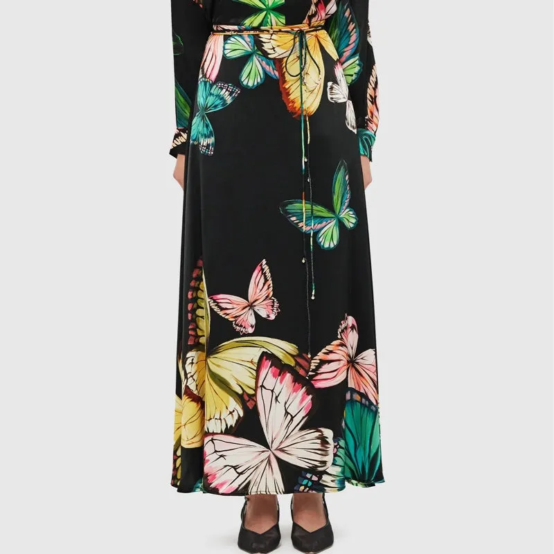 Alyssa Draped Halter Top  & Camila Maxi Skirt (Set) - Papillon Print in Black