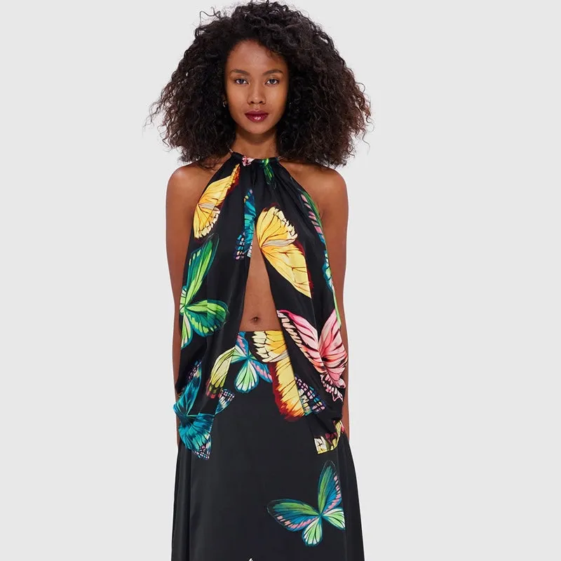 Alyssa Draped Halter Top  & Camila Maxi Skirt (Set) - Papillon Print in Black