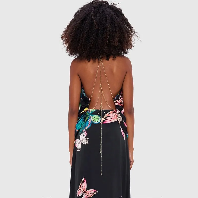 Alyssa Draped Halter Top  & Camila Maxi Skirt (Set) - Papillon Print in Black