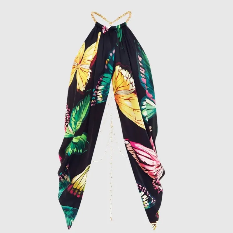 Alyssa Draped Halter Top  & Camila Maxi Skirt (Set) - Papillon Print in Black