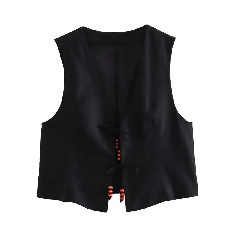 Back To School Joskaa Beading Sleeveless Vest Woman V Neck Black Cropped Vest Women Jacket Tied Short Coats Waistcoat Women's Fashion Vests 2024
