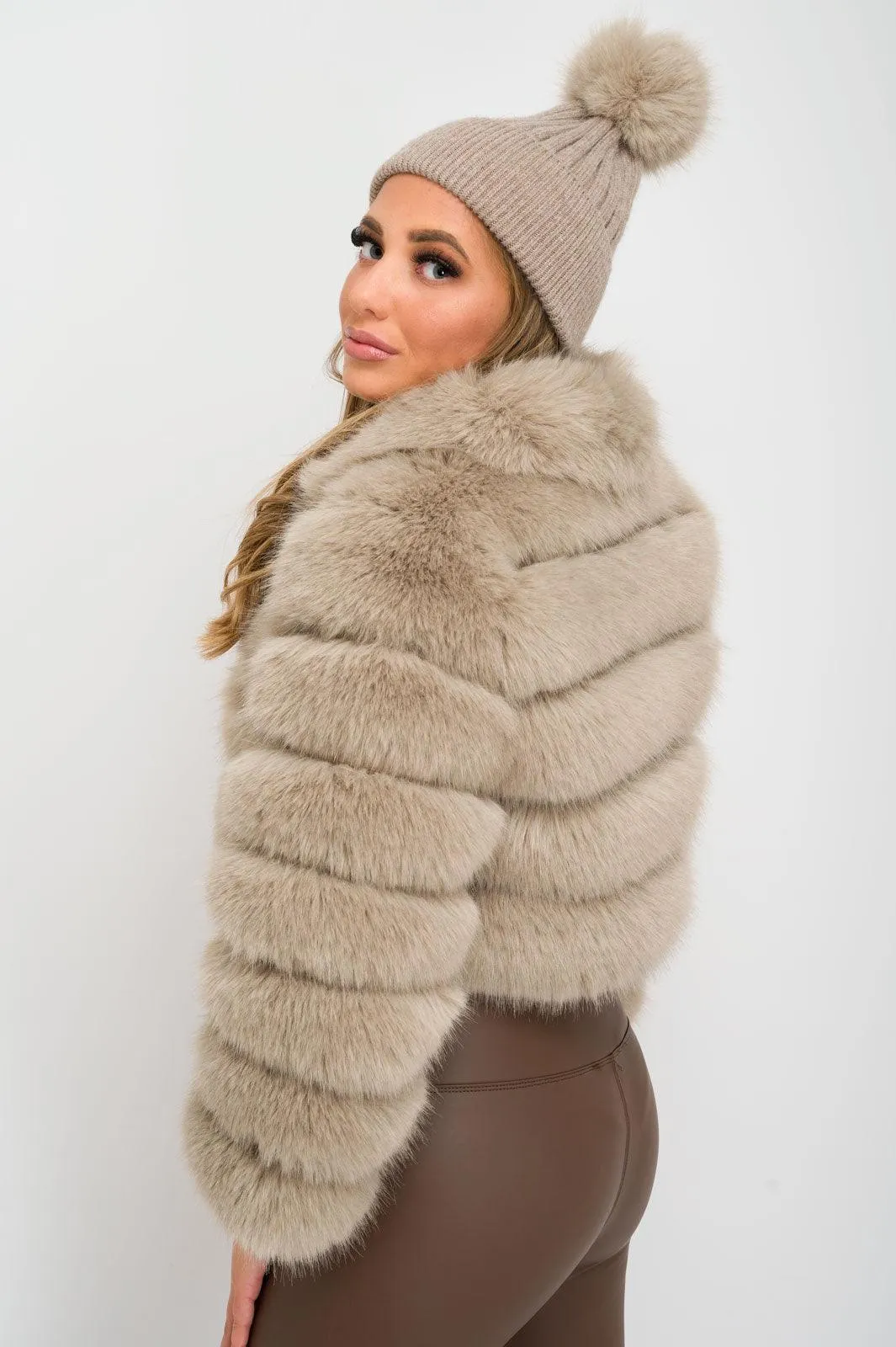 Beige Collared Cropped Premium Faux Fur Jacket