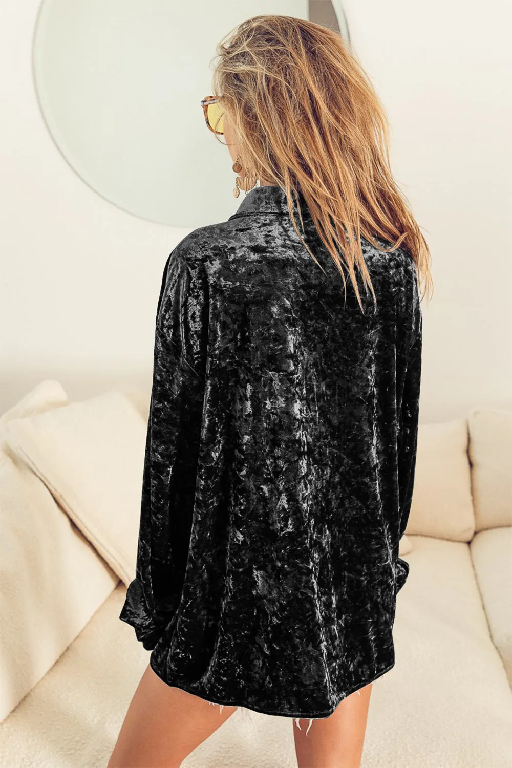BiBi Black Velvet Button Down Long Sleeve Shirt