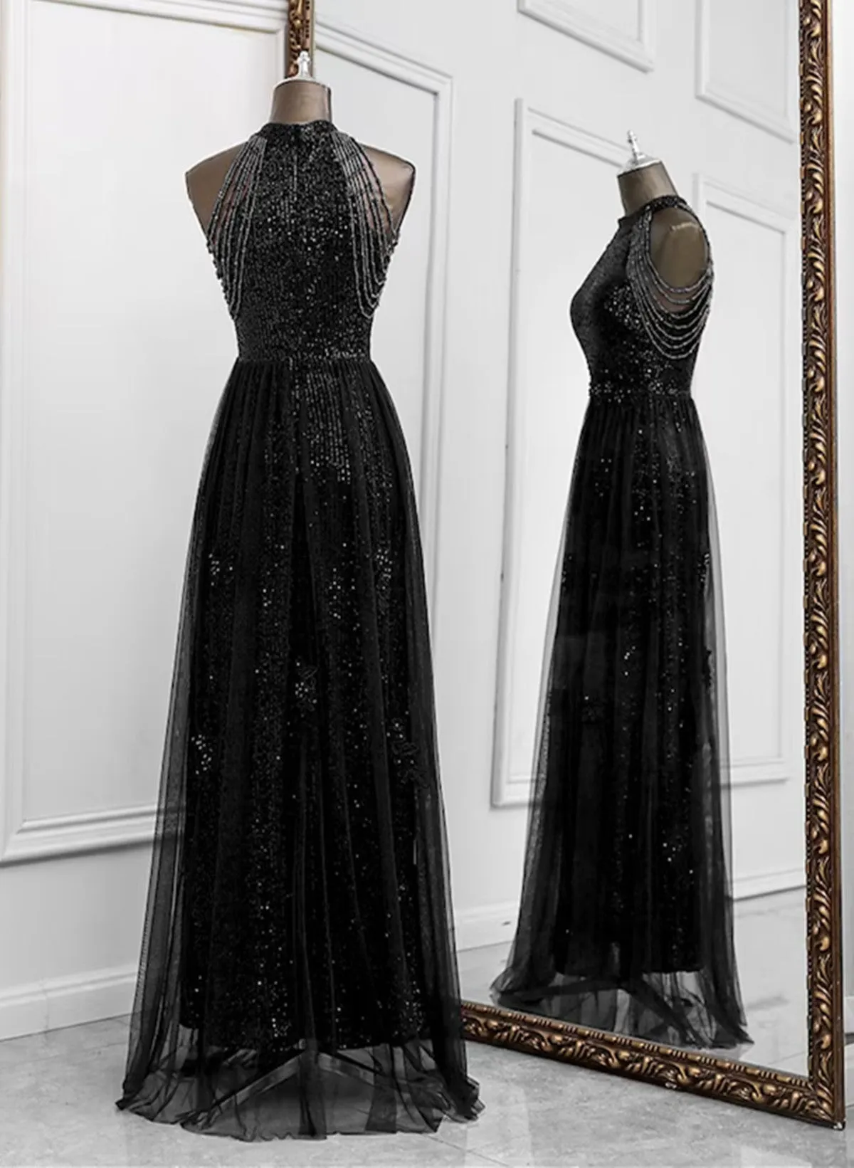 Black Halter Tulle and Sequins Long Party Dress, A-line Black Prom Dress