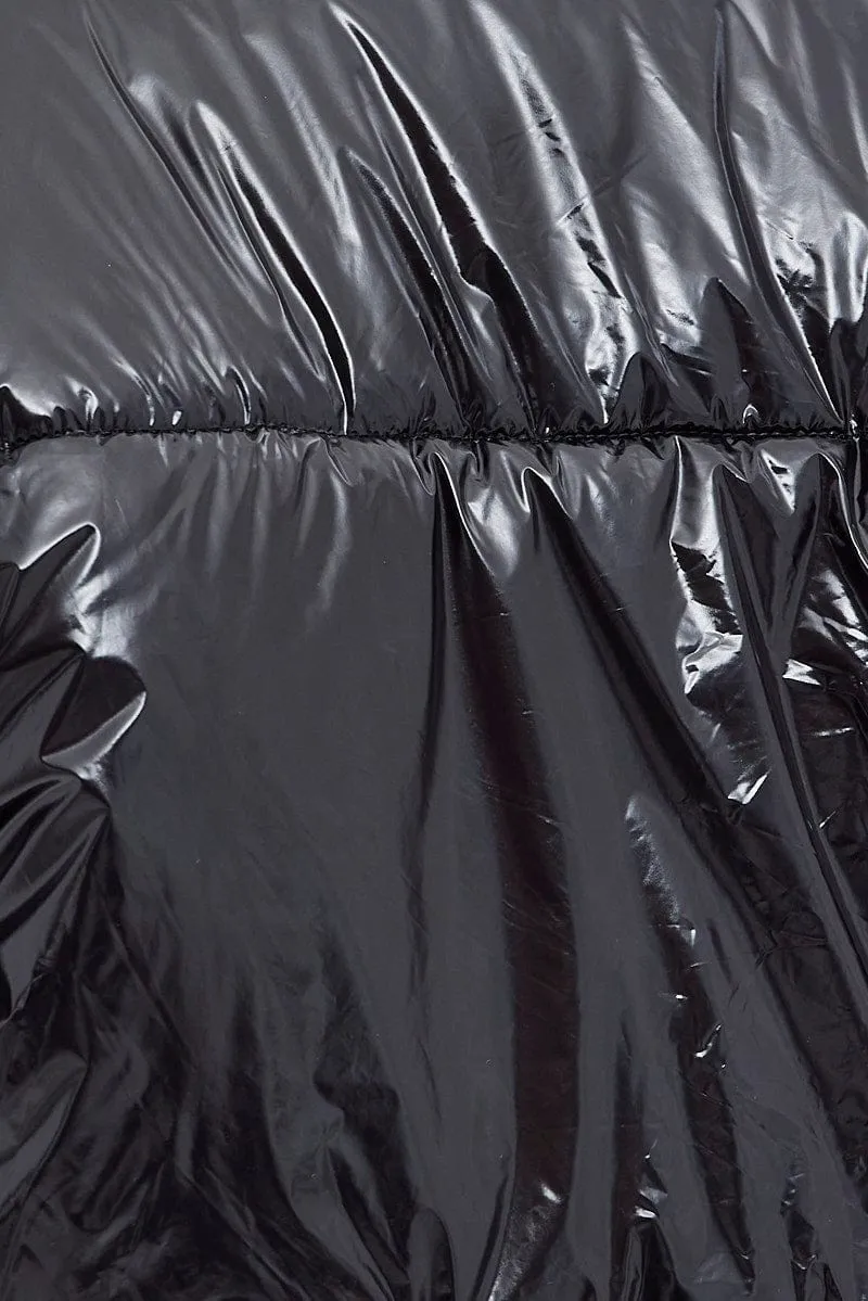 Black Puffer Jacket Shiny Wet Look Lined Cropped