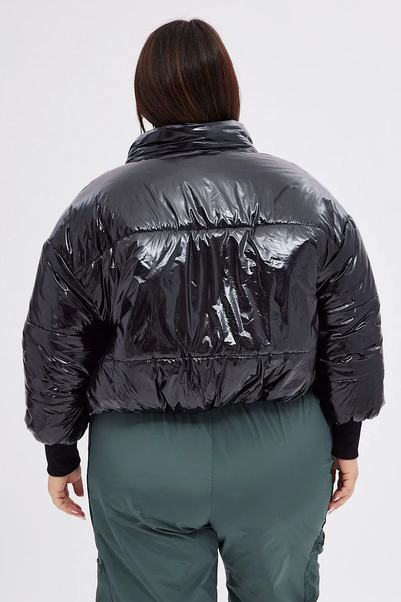 Black Puffer Jacket Shiny Wet Look Lined Cropped