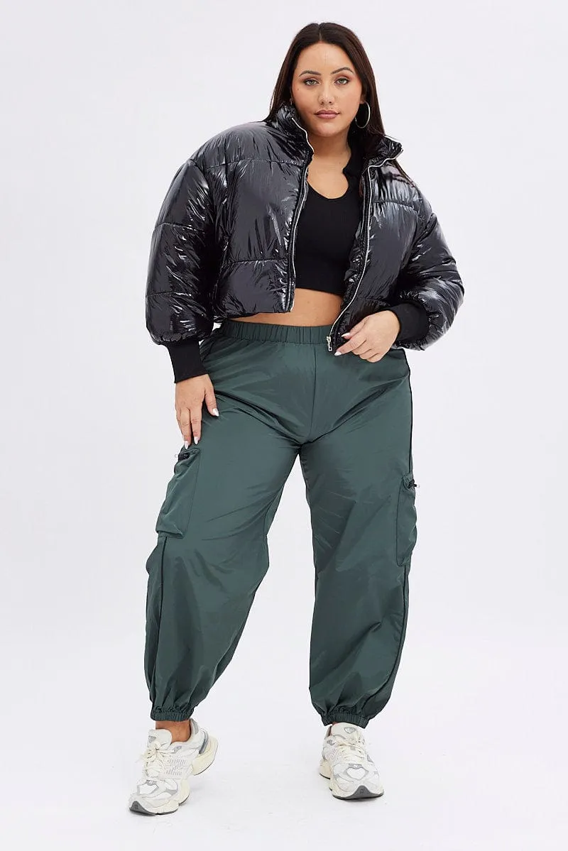 Black Puffer Jacket Shiny Wet Look Lined Cropped