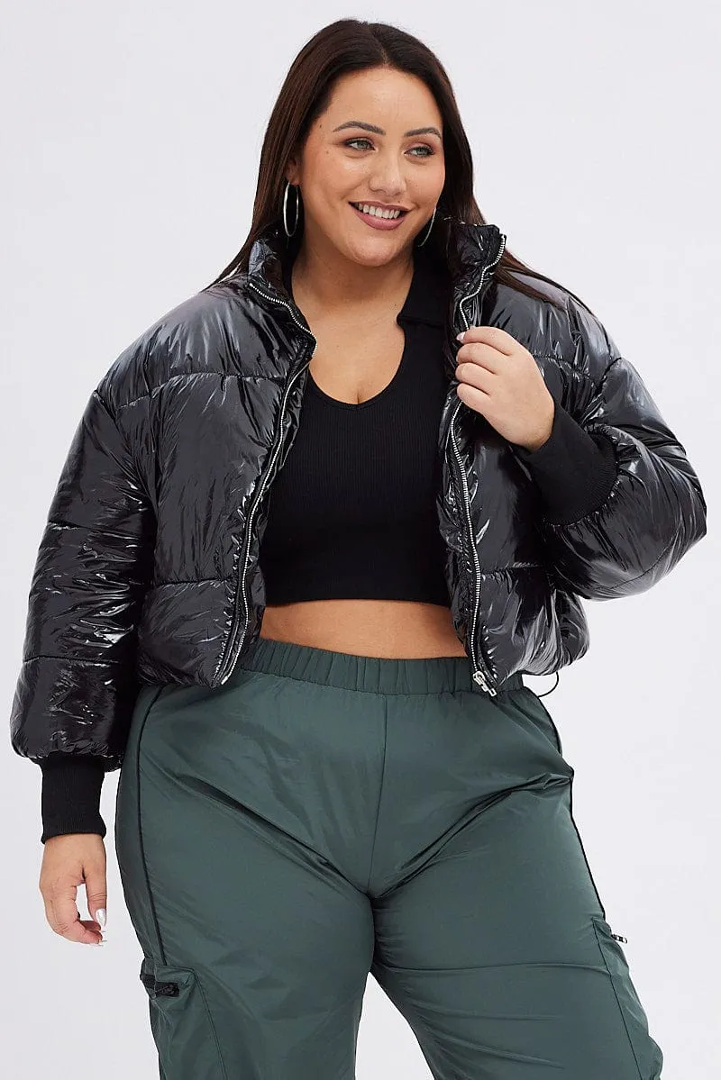 Black Puffer Jacket Shiny Wet Look Lined Cropped