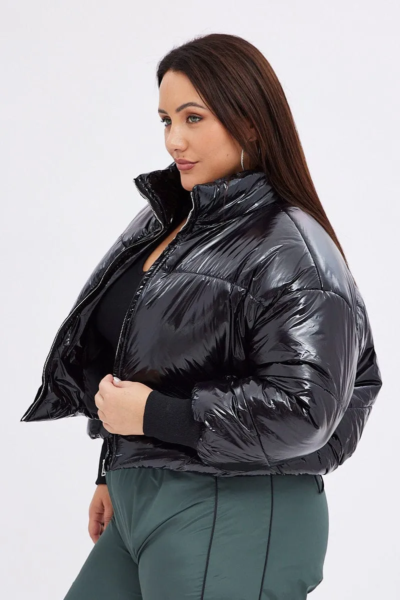 Black Puffer Jacket Shiny Wet Look Lined Cropped