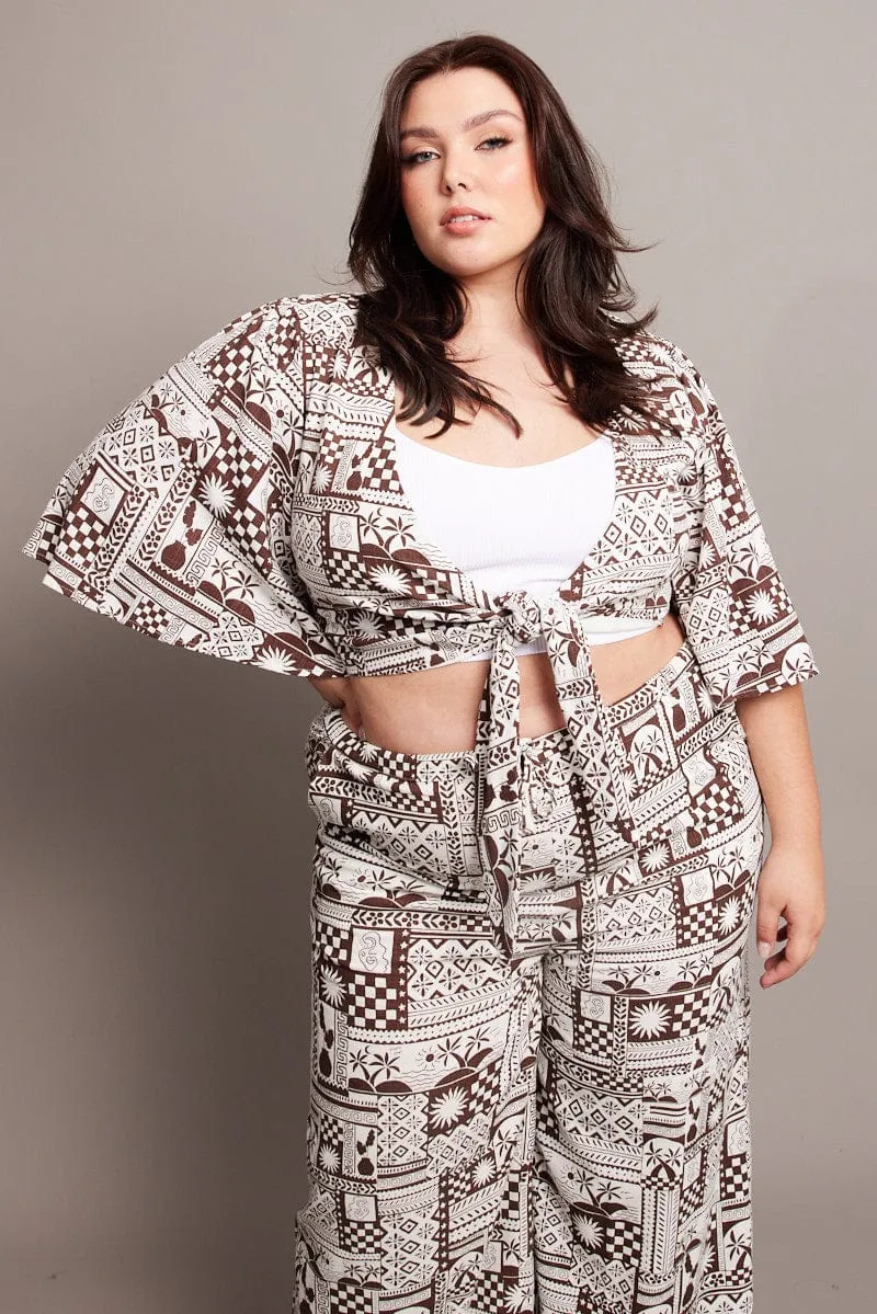 Brown Abstract Tie Flare Sleeve Linen Blend Bolero Jacket