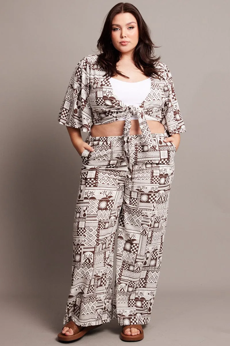 Brown Abstract Tie Flare Sleeve Linen Blend Bolero Jacket
