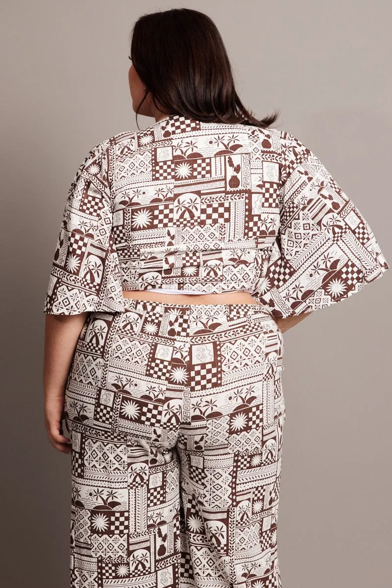 Brown Abstract Tie Flare Sleeve Linen Blend Bolero Jacket