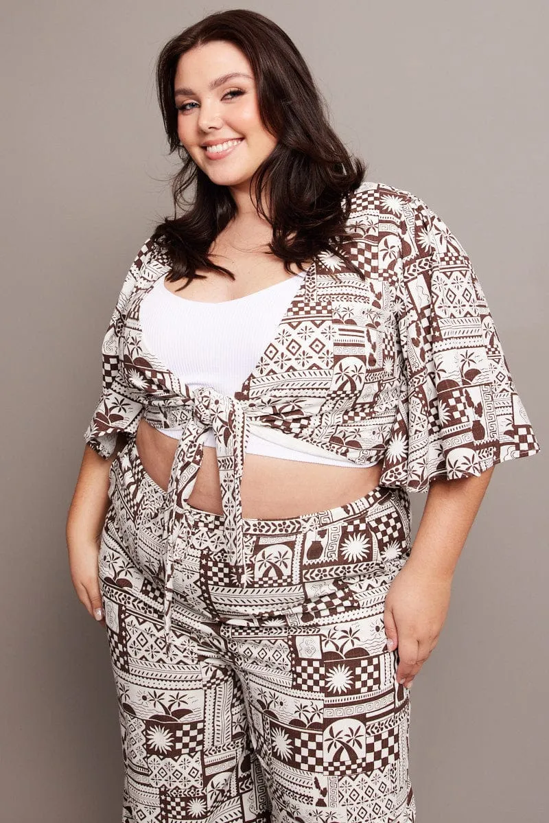 Brown Abstract Tie Flare Sleeve Linen Blend Bolero Jacket