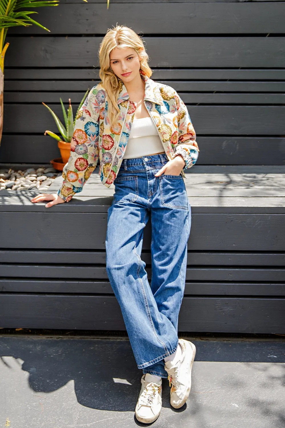 Dahlia Retro Floral Cropped Jacket - Flower Power