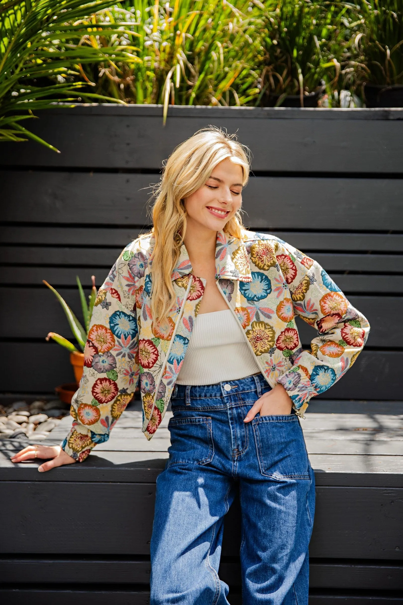 Dahlia Retro Floral Cropped Jacket - Flower Power
