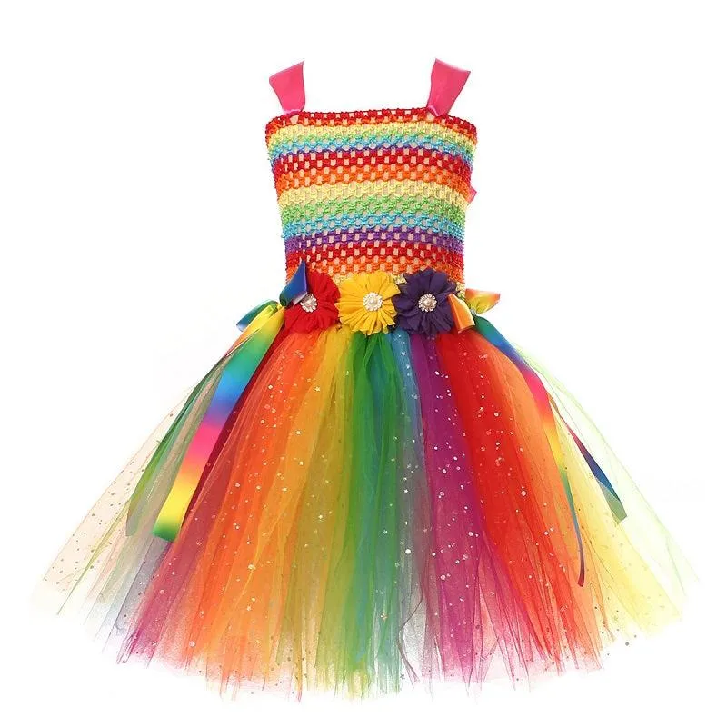 Dreamy Rainbow Fairy Dress Girl's Colorful Butterfly Flower Princess Dress Carnival Christmas performance costumes