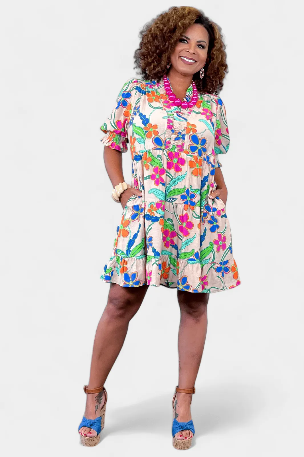 Floral Ruffle V-Neck Dress
