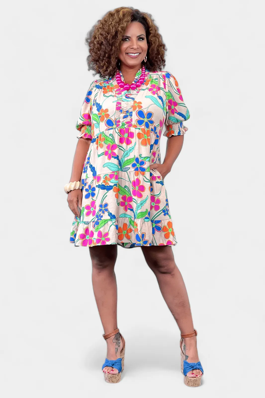 Floral Ruffle V-Neck Dress