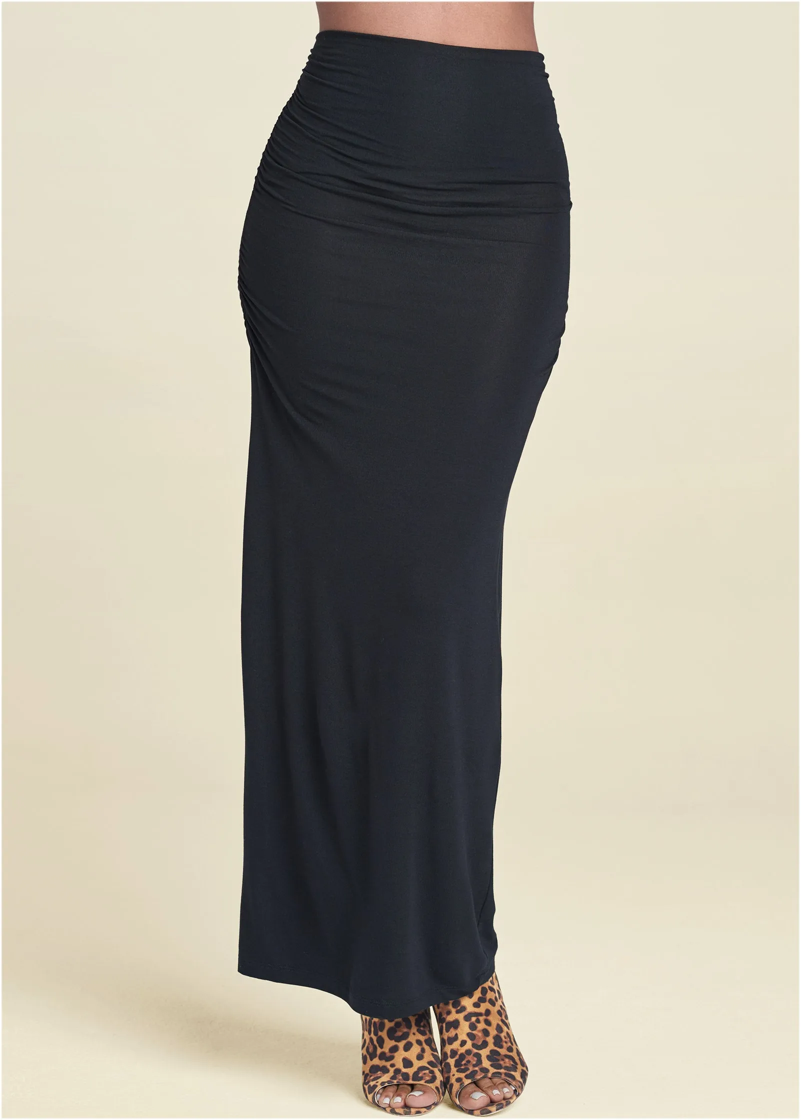 Gathered Waist Long Skirt - Black