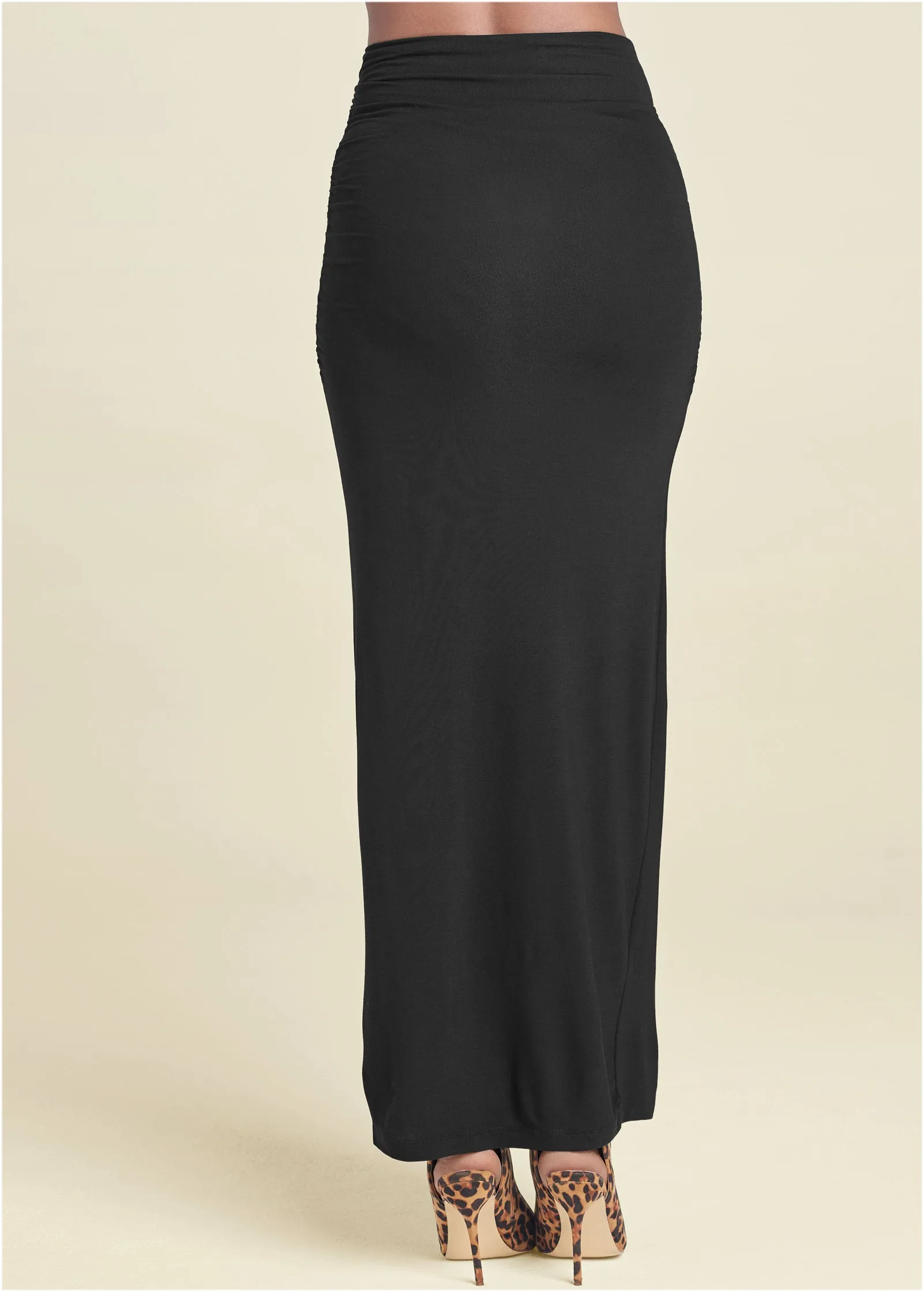 Gathered Waist Long Skirt - Black