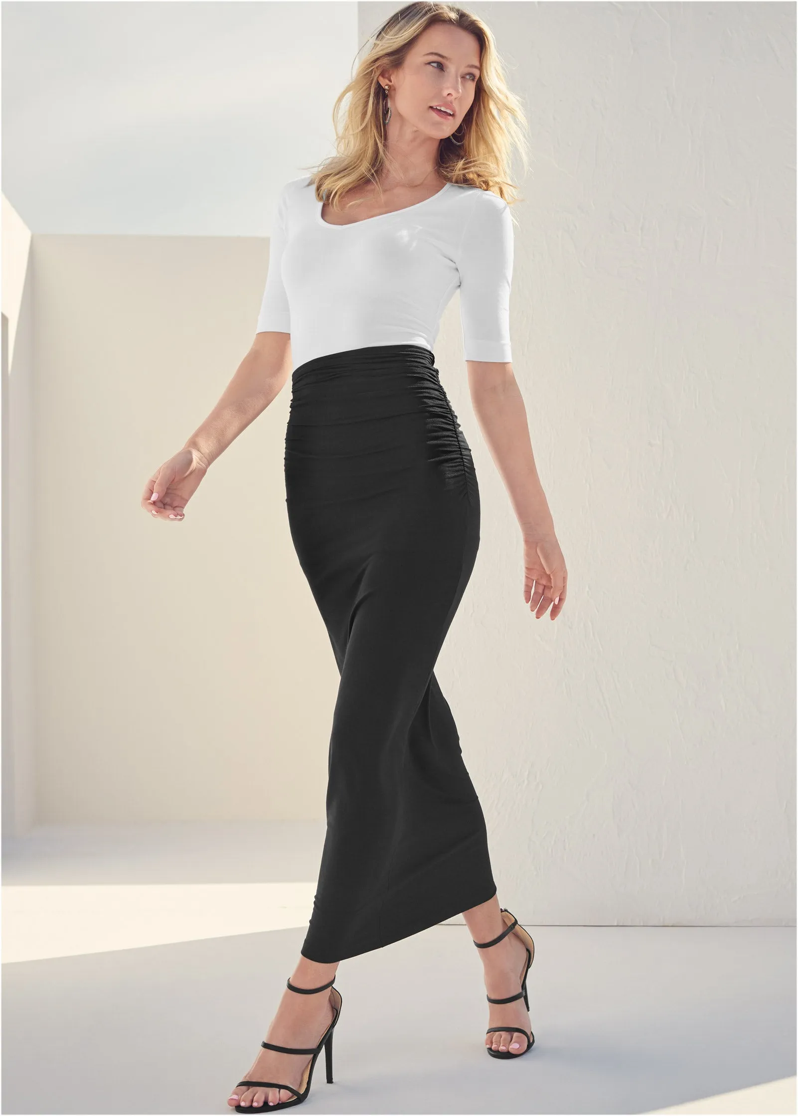 Gathered Waist Long Skirt - Black