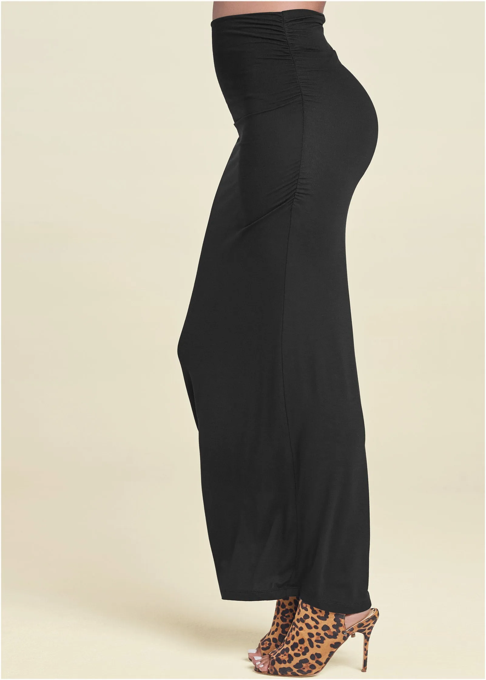 Gathered Waist Long Skirt - Black