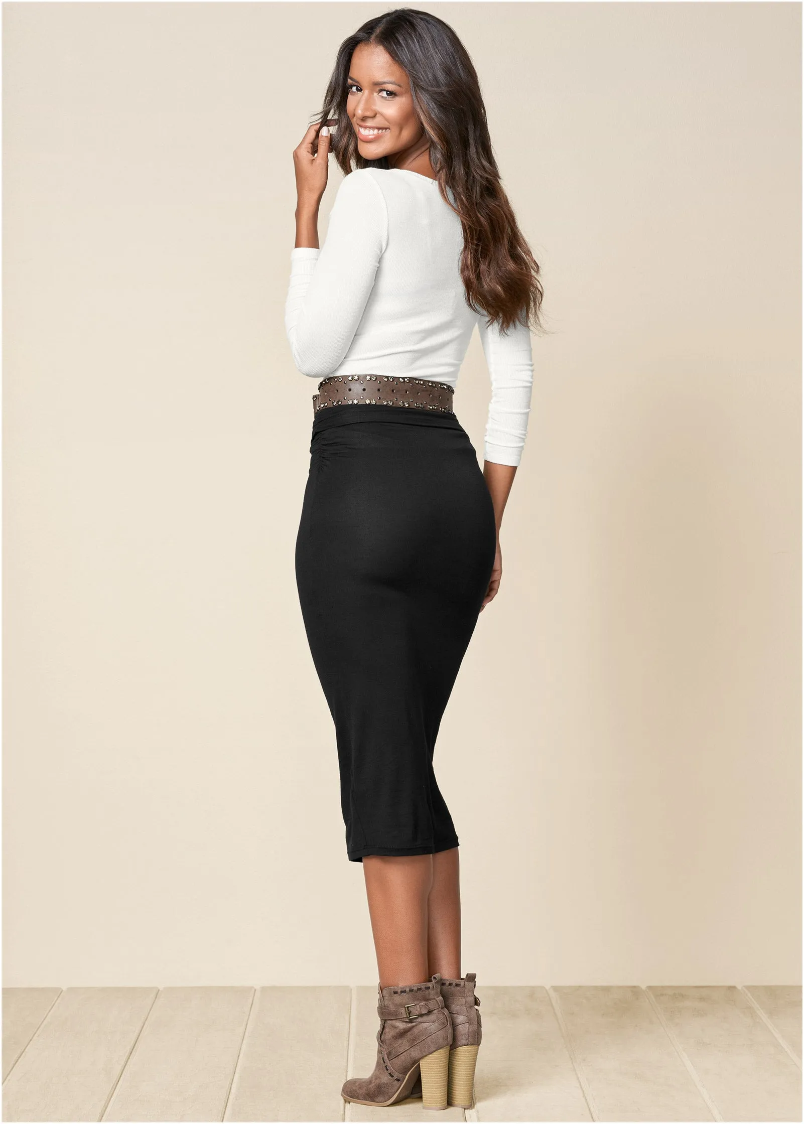 Gathered Waist Long Skirt - Black