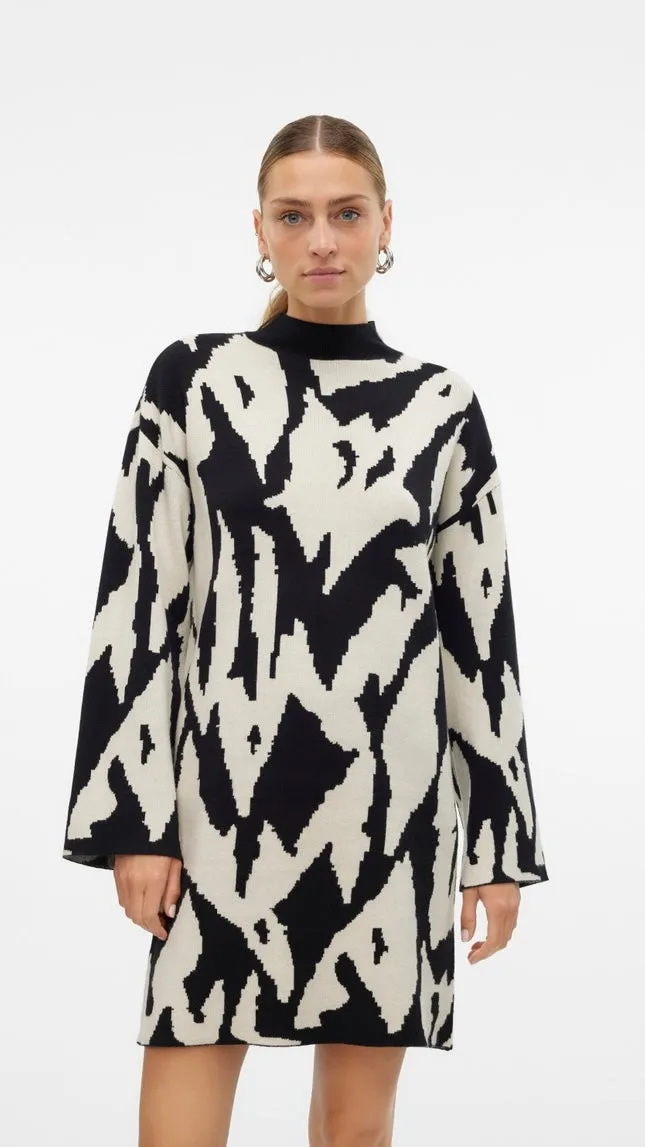 Gold Black Print Knit Dress