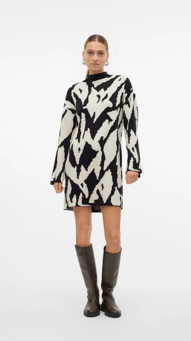 Gold Black Print Knit Dress