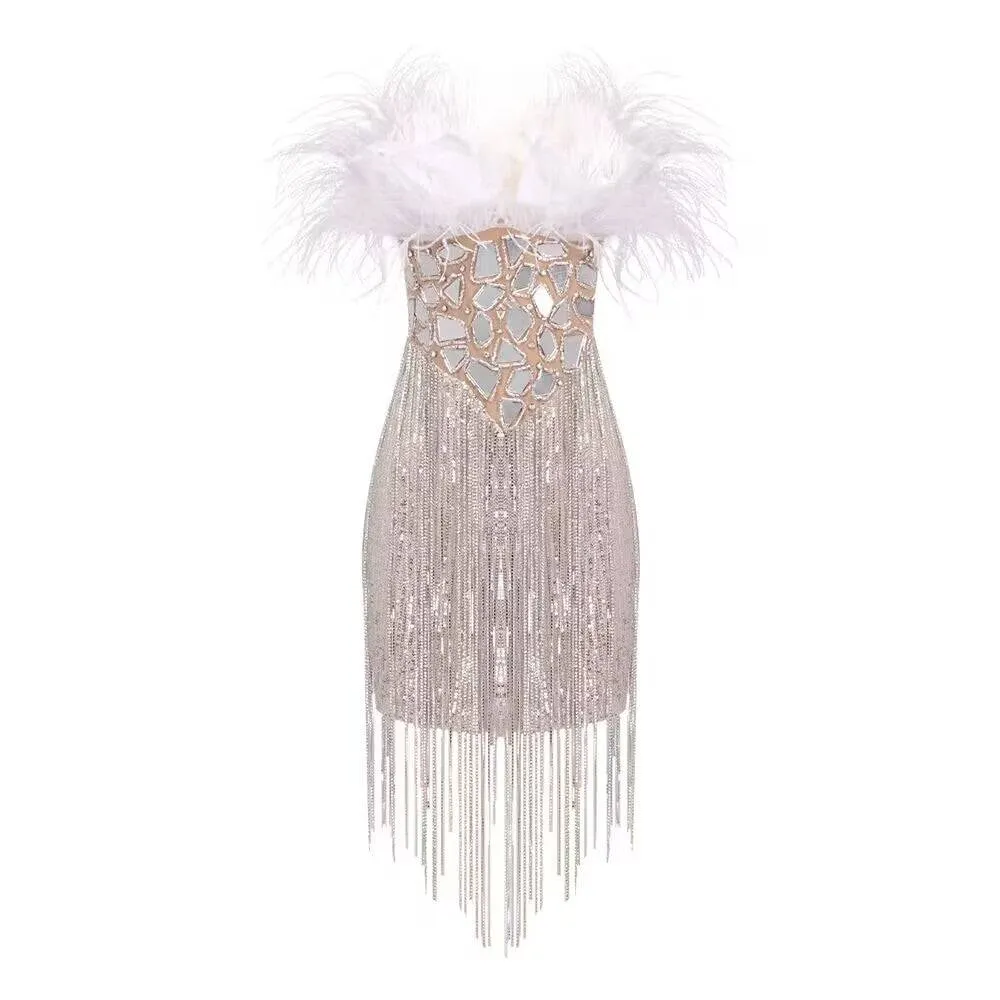 Gweneth Feather Sleeveless Rhinestone Tassel Mini Dress