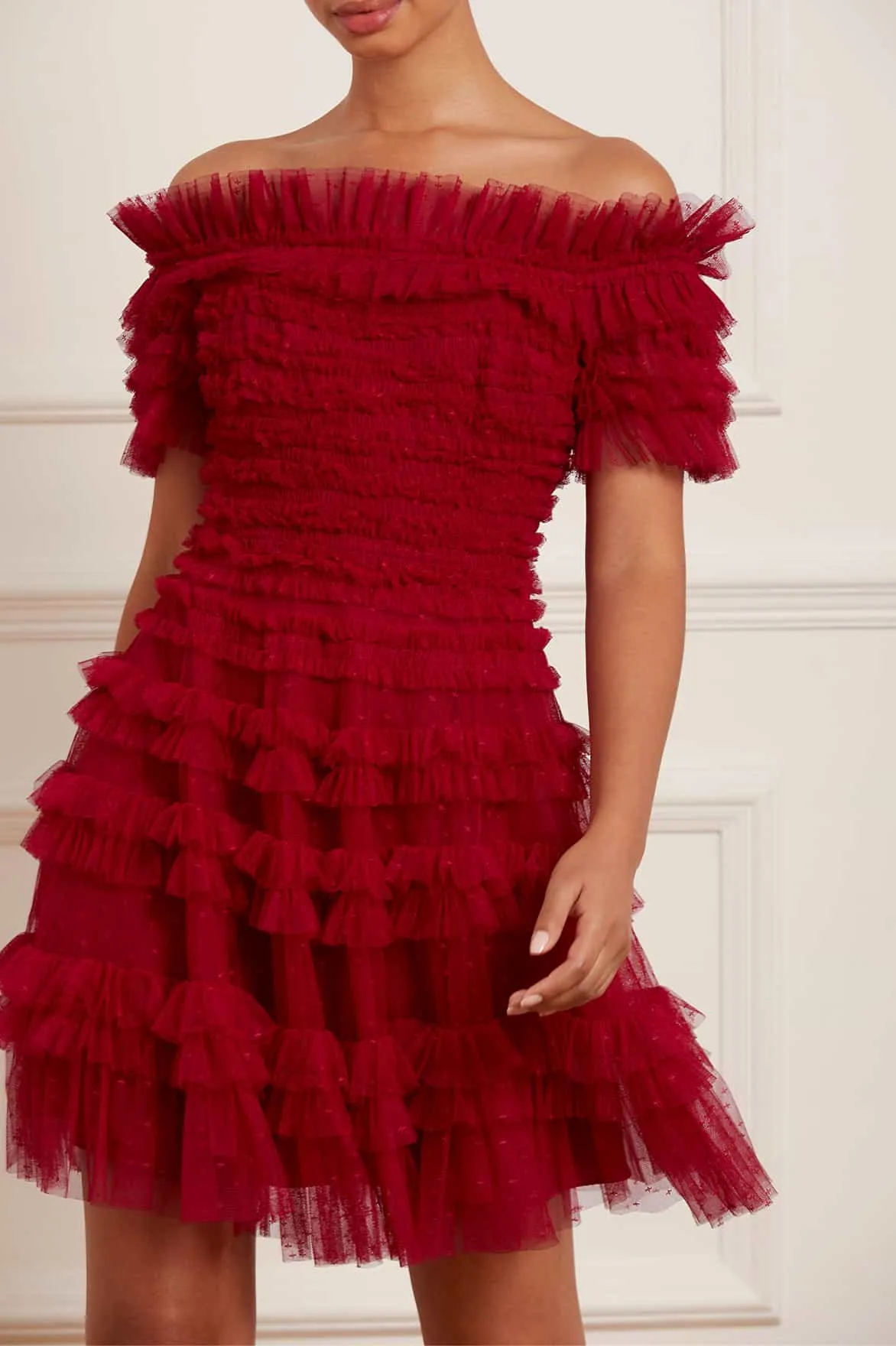 Lisette Ruffle Off Shoulder Micro Mini Dress