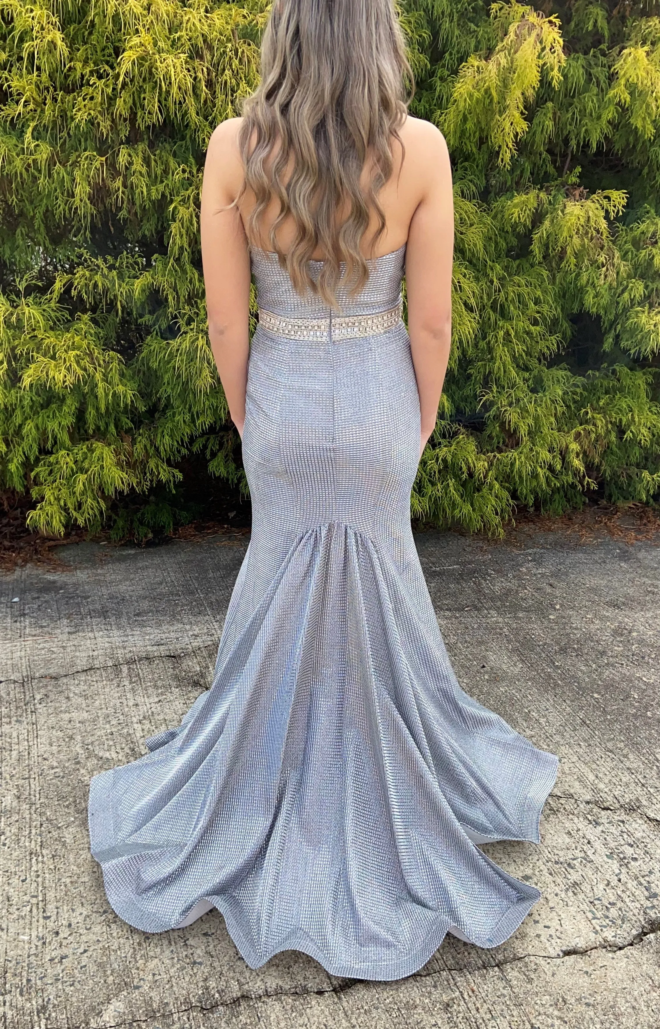 Lucci Lu 28036 Platinum Strapless Metallic Shimmer Fabric Fit-n-Flare Dress