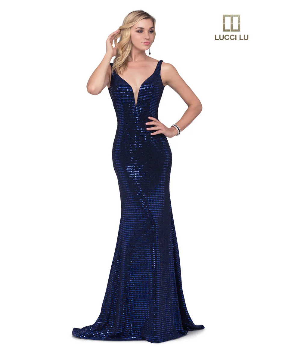 Lucci Lu 28056 Royal Blue Sheath Dress with Detachable Tulle Overskirt