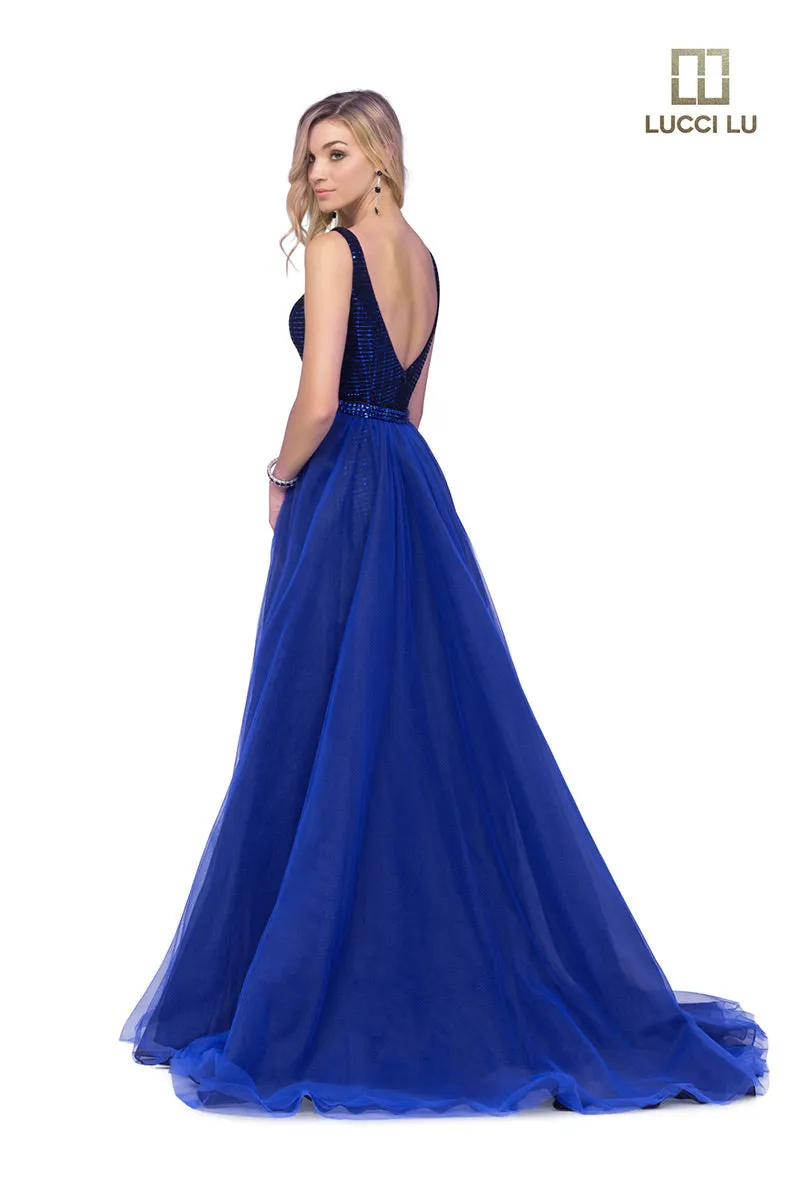 Lucci Lu 28056 Royal Blue Sheath Dress with Detachable Tulle Overskirt
