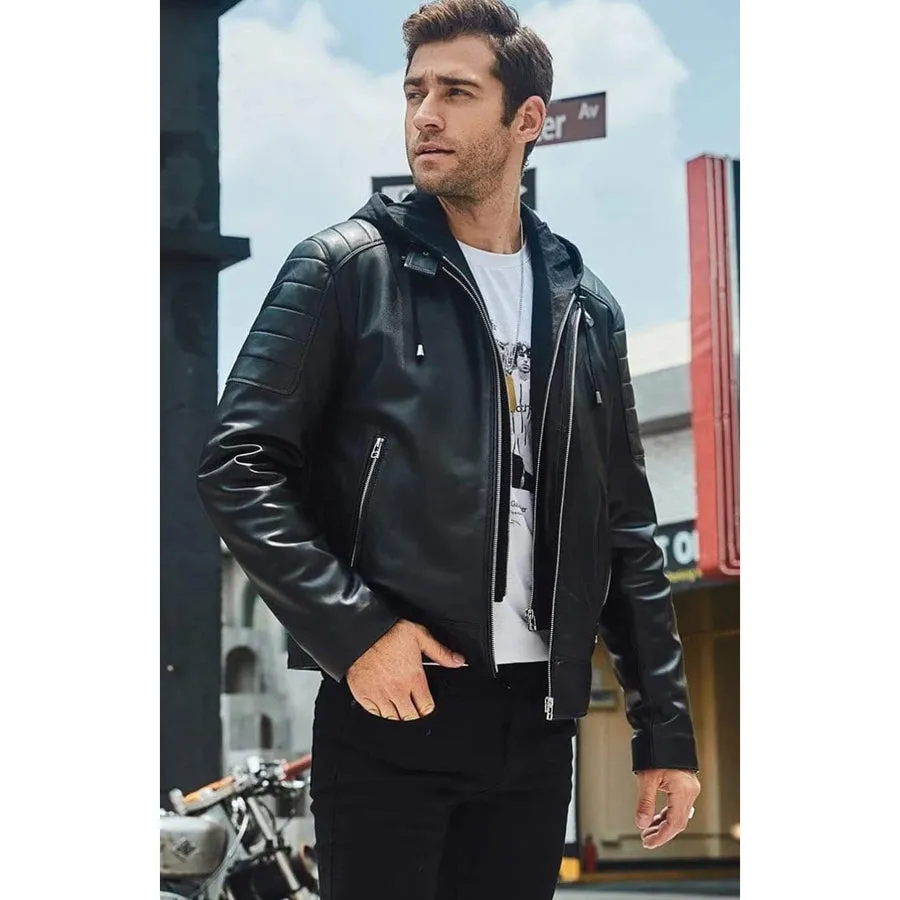 Mens Black Leather Removable Hood Biker Jacket